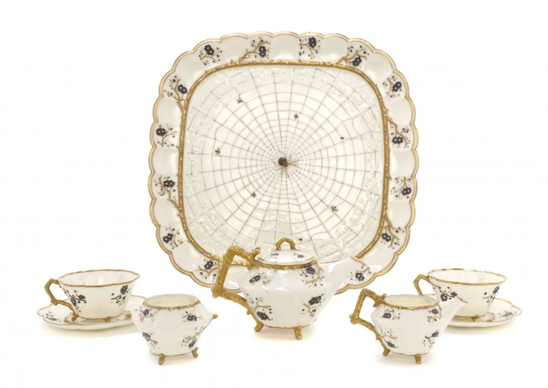 A Belleek Thorn Tea Service, Width of tray 14 1/2: A Belleek Thorn Tea Service, 1863-1890, comprising a teapot, a creamer, an open sugar, two cups with saucers, and a tray modeled with a spider in its web, each with impressed first Belleek mark and re
