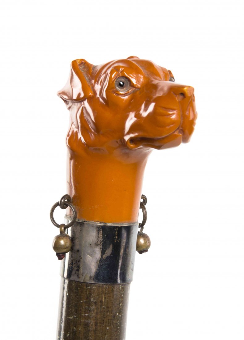An American Plastic Handled Cane, Length of handle 2: An American Plastic Handled Cane, 1930's, having a dog's head form handle with glass eyes, the handle having two swivels mounted on either side of the neck for a leather cord that is now missing, with