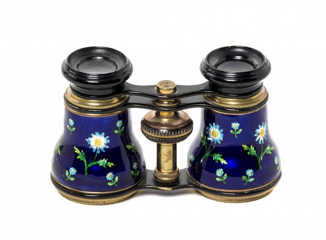 A Pair of French Enameled Opera Glasses, Flammarion,: A Pair of French Enameled Opera Glasses, Flammarion, having floral decoration on a cobalt reserve, with ebonized eyepieces and a brass frame. Width 4 1/8 inches. Provenance: Property from the Estate o