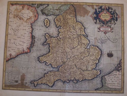 1 piece. Hand-Colored Engraved Map. Me: 1 piece. Hand-Colored Engraved Map. Mercator, Gerard. "Anglia Regnum." [Duisburg], [1602]. 13 7/8 x 18 3/16 inches; 352 x 462 mm, full (?) margins. Light age toning, some offsetting. Orig. color. Lati