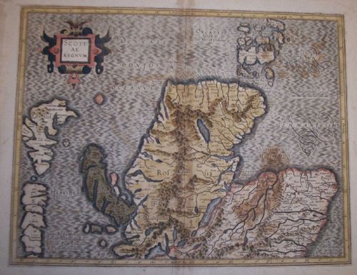 1 piece. Hand-Colored Engraved Map. Me: 1 piece. Hand-Colored Engraved Map. Mercator, Gerard. [Scotland]. "Scotiae Regnum." [Duisburg], [1602]. 14 x 18 inches; 355 x 457 mm, full margins. Light age toning, some offsetting, darkening to marg