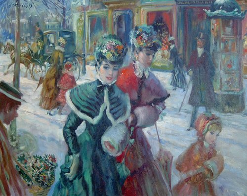 JOHN STREVENS (British 1902-1990) "A WI: JOHN STREVENS (British 1902-1990) "A WINTER WALK" signed and signed and inscribed verso, oil on canvas 24 x 30 in.