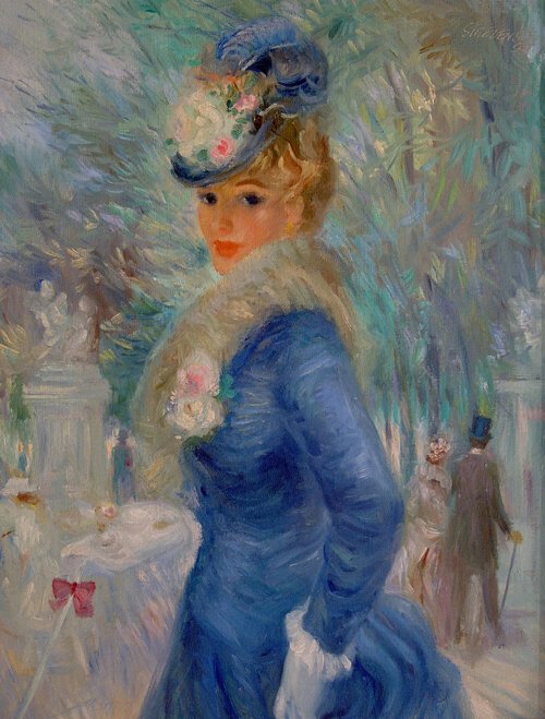 JOHN STREVENS (British 1902-1990) THE B: JOHN STREVENS (British 1902-1990) THE BLUE DRESS signed and dated "53", oil on canvas 18 1/4 x 14 in. Provenance: Harry F. Marks Galleries, New York City, NY McClees Galleries, Ardmore, PA