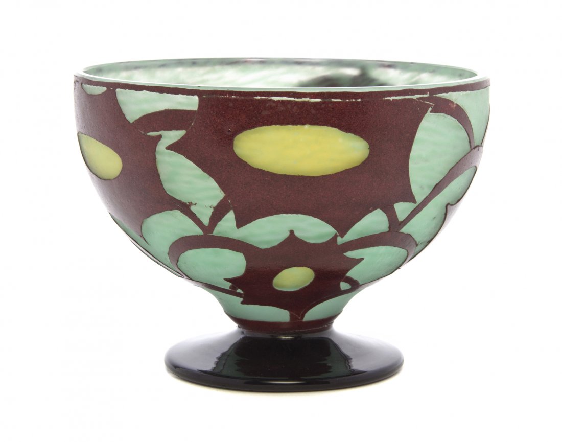 A Le Verre Francais Cameo Glass Compote, Charles: A Le Verre Francais Cameo Glass Compote, Charles Schneider, Cosmos, with abstracted decoration throughout on a mottled green ground, raised on a circular foot, signed Charder in cameo, further etched 