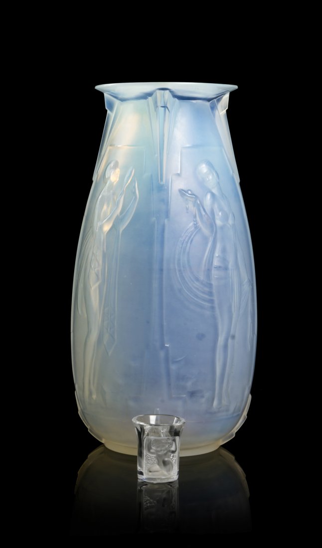 A Sabino Molded and Opalescent Glass Vase, Height 11: A Sabino Molded and Opalescent Glass Vase, of baluster form depicting four Art Deco maidens, together with a Sabino cordial with figural decoration, each etched Sabino France in script. Height 11 3/4 
