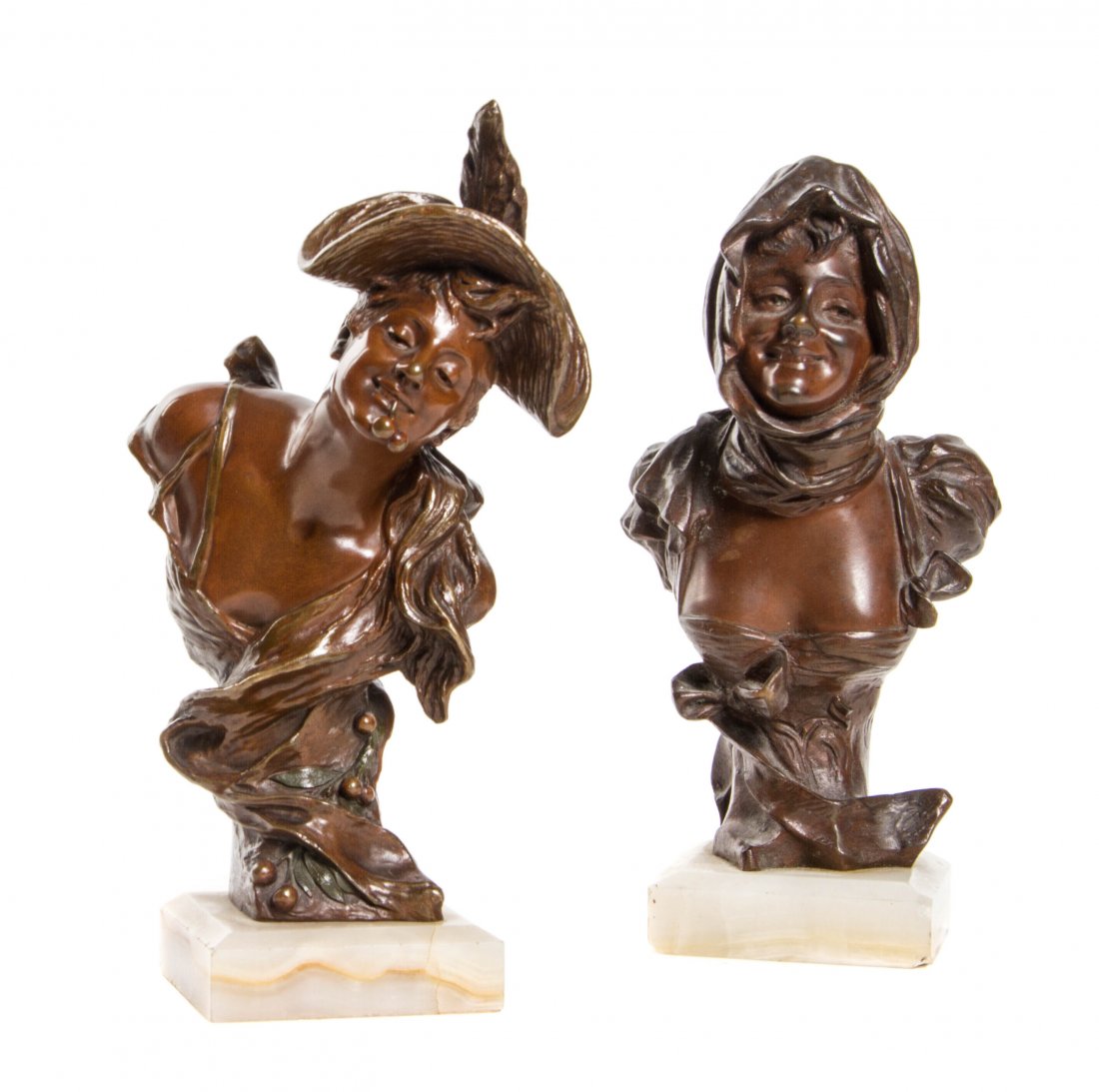 Two Georges Van Der Straeten Bronze Busts, (Belgian,: Two Georges Van Der Straeten Bronze Busts, (Belgian, 1856-1928), the first depicting a woman with cherries in a plumed hat, signed, with an H. Hirschwald Berlin foundry mark, the second example depict
