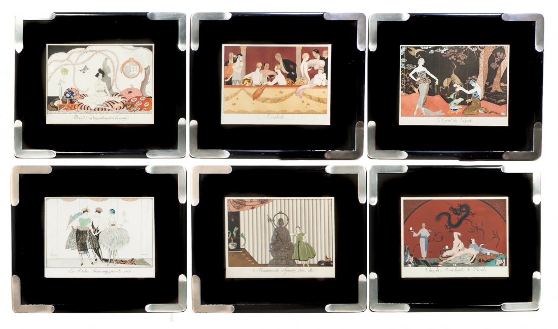 A Set of Six French Art Deco Pochoir Illustrations,: A Set of Six French Art Deco Pochoir Illustrations, George Barbier (1882-1932), comprising Les Belles Sauvagesses de 1920, Chez la Marchande de Pavots, Minuit! ou l'Appartement a la Mode, Le Gout des