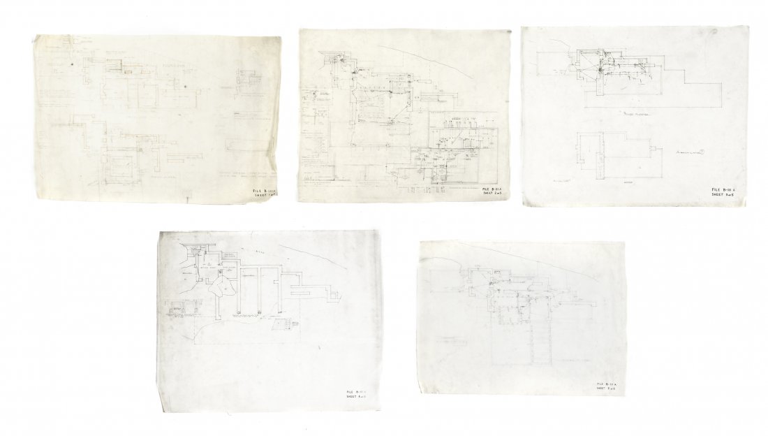 A Set of Five Developmental Architectural Drawings for: A Set of Five Developmental Architectural Drawings for Fallingwater, Frank Lloyd Wright Studio, comprising plans and mechanical drawings for the second floor, the first titled Revised Drawing Kaufman