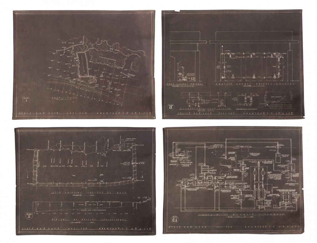 A Set of Ten Developmental Reverse Prints for: A Set of Ten Developmental Reverse Prints for Fallingwater, Frank Lloyd Wright Studio, depicting plans for later additions for the swimming pool, comprising plot plans, elevations and mechanical plans