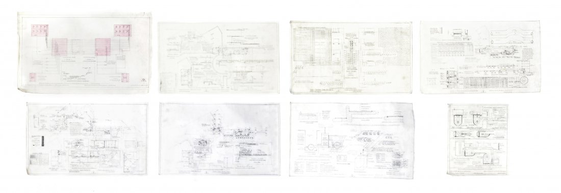 Eight Developmental Architectural Drawings for: Eight Developmental Architectural Drawings for Fallingwater, Frank Lloyd Wright Studio, each depicting mechanical drawings, the first in graphite and colored pencil titled Wiring Diagram for Annuncia