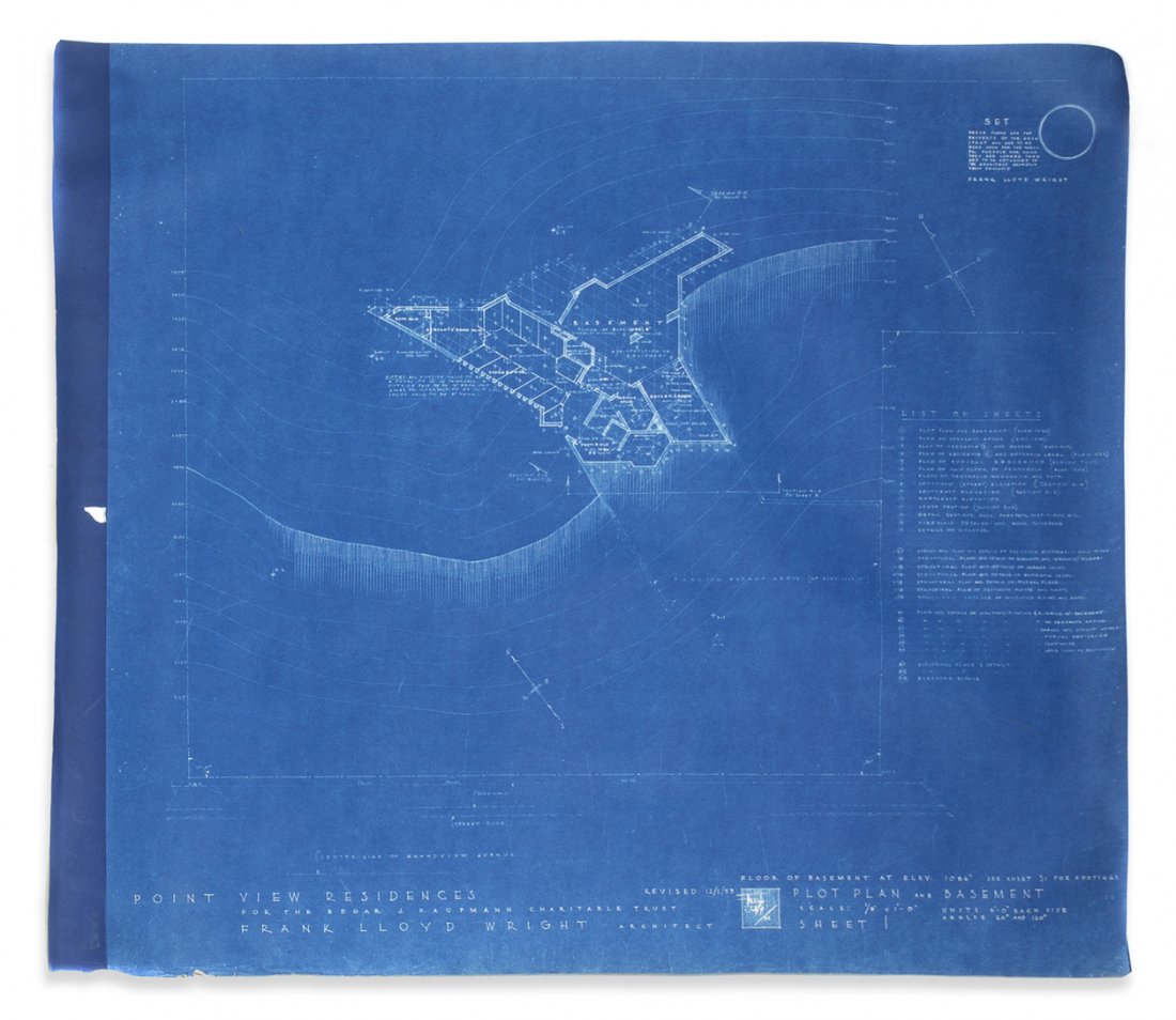 A Near Complete Set of Twenty-Eight Developmental: A Near Complete Set of Twenty-Eight Developmental Cyanotype Blueprints for the Point View Residences, Frank Lloyd Wright Studio, comprising plans, elevations, details, structural plans, mechanical and