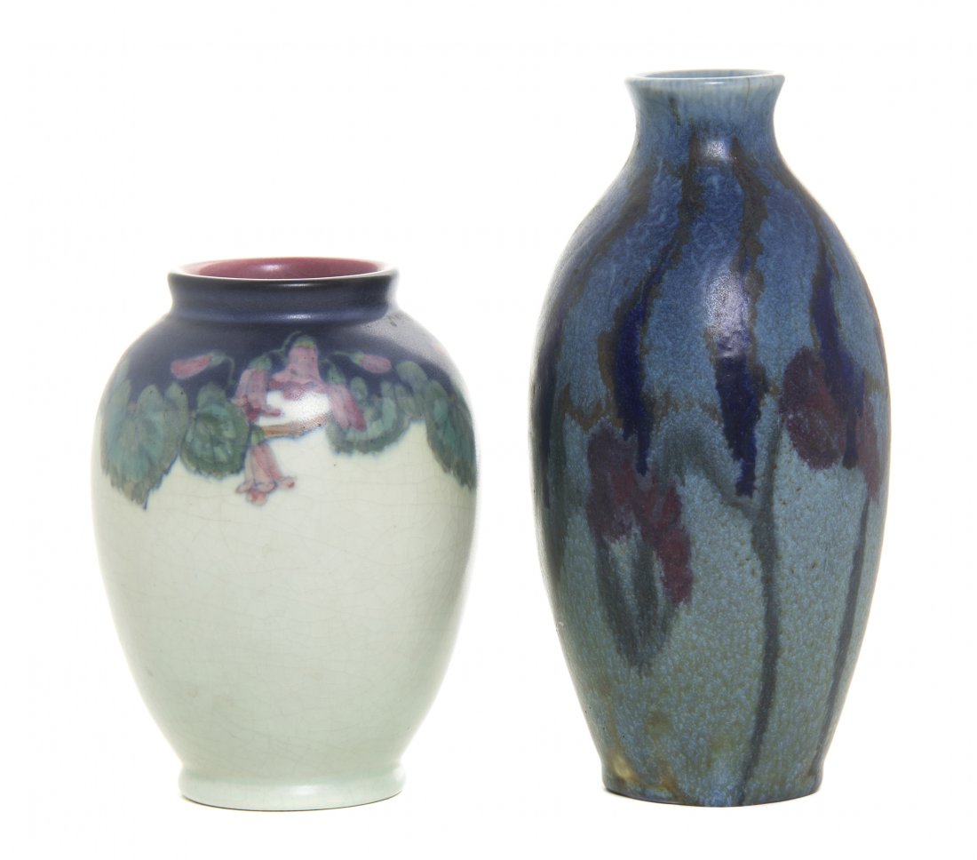 A Rookwood Pottery Vase, Lenore Asbury, Height of first: A Rookwood Pottery Vase, Lenore Asbury, 1922, form 2191, of ovoid form with a stylized foliate decorated neck, together with an example by Charles Stewart Todd, 1921, of baluster form with polychrome 