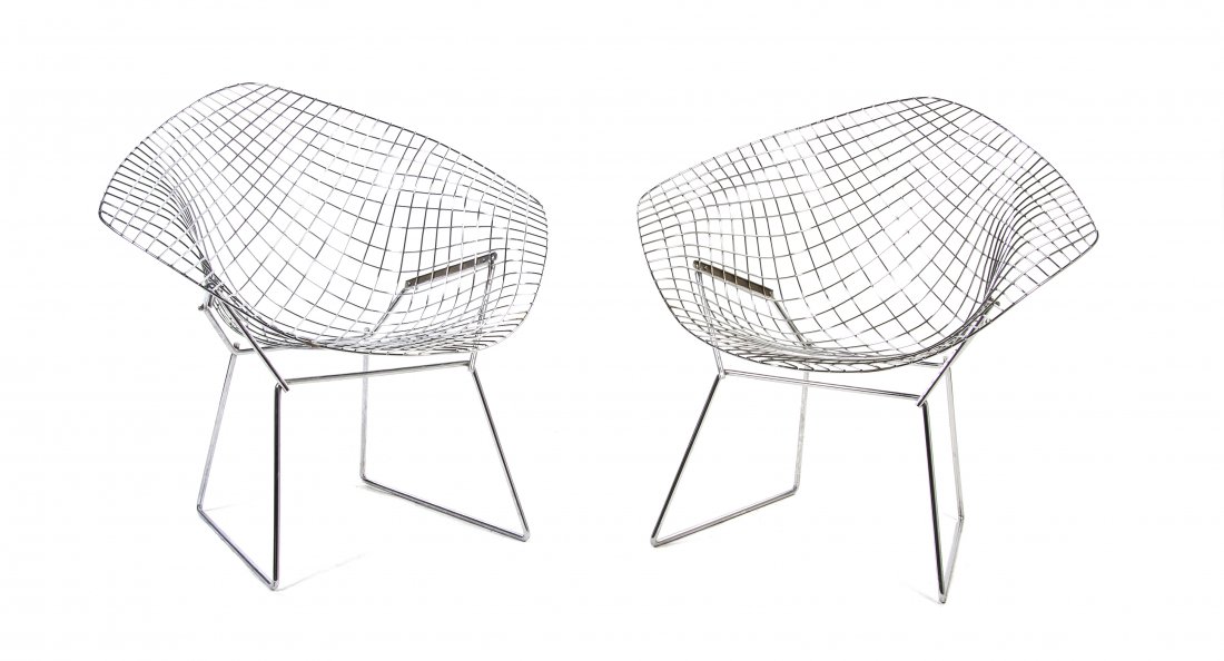 A Pair of Harry Bertoia Diamond Wire Chairs, (Italian,: A Pair of Harry Bertoia Diamond Wire Chairs, (Italian, 1915-1978), each having a wire back, arms and seat, raised on tubular twin supports. Height 30 inches.