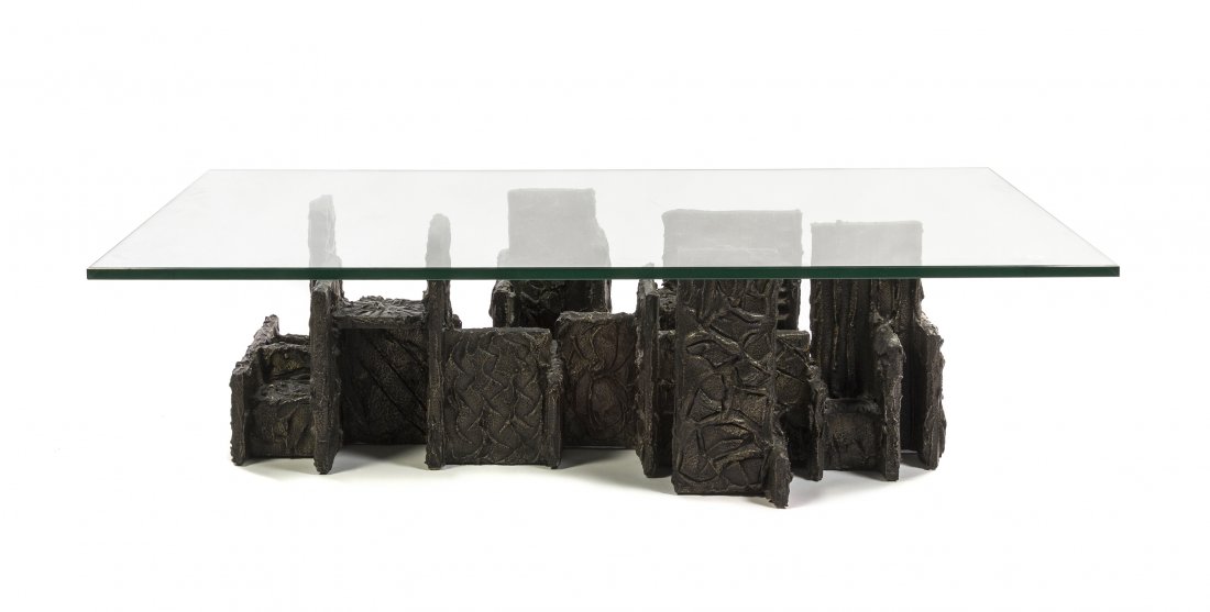 A Paul Evans Sculpted Bronze and Glass Low Table,: A Paul Evans Sculpted Bronze and Glass Low Table, (American, 1931-1987), having a rectangular top over multi-level rectangular panels with geometric decoration, signed and dated, PE 70. Height 16 3/8