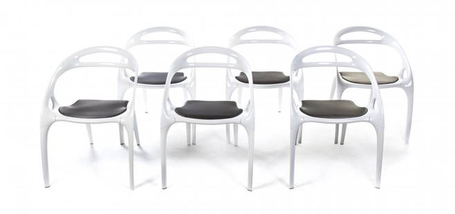 Six Ross Lovegrove Enameled Magnesium Go Chairs,: Six Ross Lovegrove Enameled Magnesium Go Chairs, (British, b. 1958) for Bernhardt Design, each having a curved pierced crest rail over the upholstered seat, raised on tapering legs. Height 30 1/2 inc
