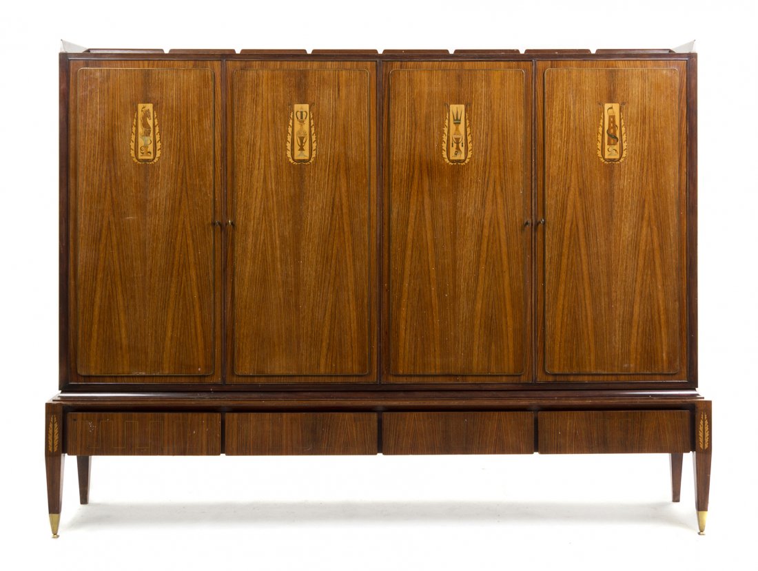 An Italian Rosewood and Marquetry Cabinet, Pier Luigi: An Italian Rosewood and Marquetry Cabinet, Pier Luigi Colli (1895-1968), having a battlement galleried top over four paneled doors opening to a shelved interior, the doors centered with marquetry deco