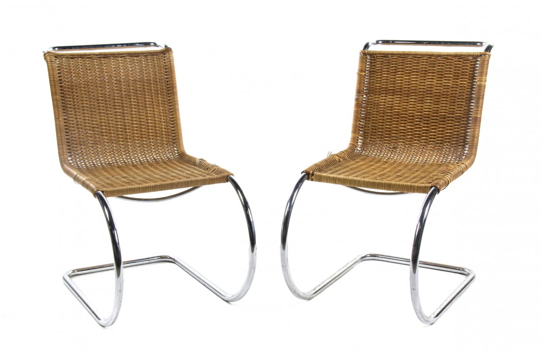 Two Ludwig Mies Van Der Rohe MR10 Chromed and Rattan: Two Ludwig Mies Van Der Rohe MR10 Chromed and Rattan Cantilevered Chairs, each having a woven back and seat. Height 32 1/4 inches. Property from the Estate of James M. Walsh, Chicago, Illinois