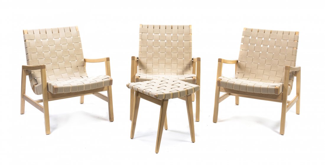 Three Danish Birch Armchairs, Jens Risom (b.1916) for: Three Danish Birch Armchairs, Jens Risom (b.1916) for Knoll Studio, each having a woven back and seat, raised on square form legs, joined by an H-form stretcher, together with a matching ottoman. Heig