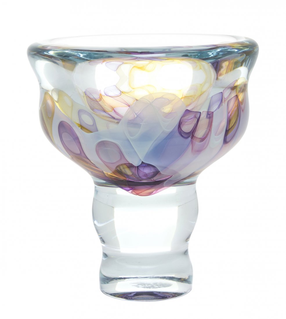 An American Studio Glass Vessel, Gary Beecham (b.: An American Studio Glass Vessel, Gary Beecham (b. 1955), 1982, Geometric Textile Vessel, of tapering form with repeating internal decoration, signed, titled and dated. Height 9 1/2 inches. Provenance: