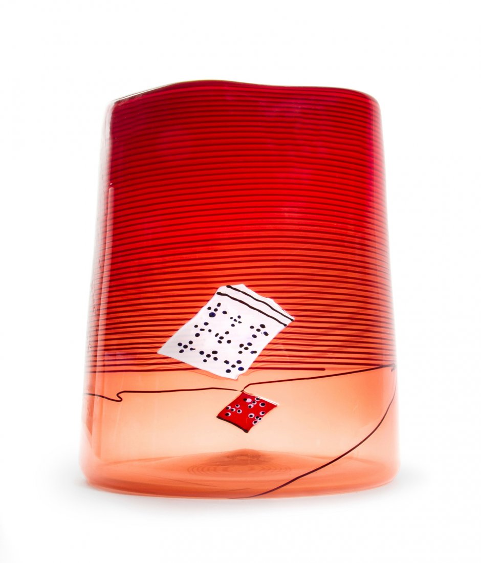 An American Studio Glass Sculpture, Dale Chihuly (b.: An American Studio Glass Sculpture, Dale Chihuly (b. 1941), Red Blanket Cylinder, of tapering form with a yellow lip wrap, having linear decoration throughout on an orange ground, signed and dated PP0