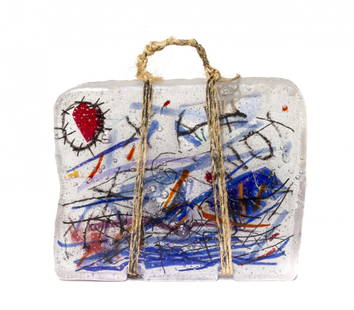 An Argentinian Studio Glass Sculpture, Silvia Levenson: An Argentinian Studio Glass Sculpture, Silvia Levenson (b. 1957), in the form of a suitcase wrapped with twine and wire, having internal decoration throughout. Height over handle 11 inches.