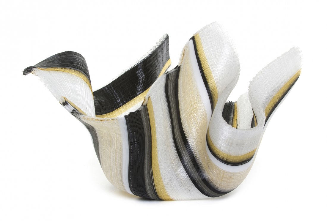 An American Studio Woven Glass Vase, Carole Perry,: An American Studio Woven Glass Vase, Carole Perry, Tapestries, of tapering handkerchief form, signed and numbered 980518GE. Width 16 3/4 inches. Provenance: Akontempo Gallery, Delray Beach, Florida ,