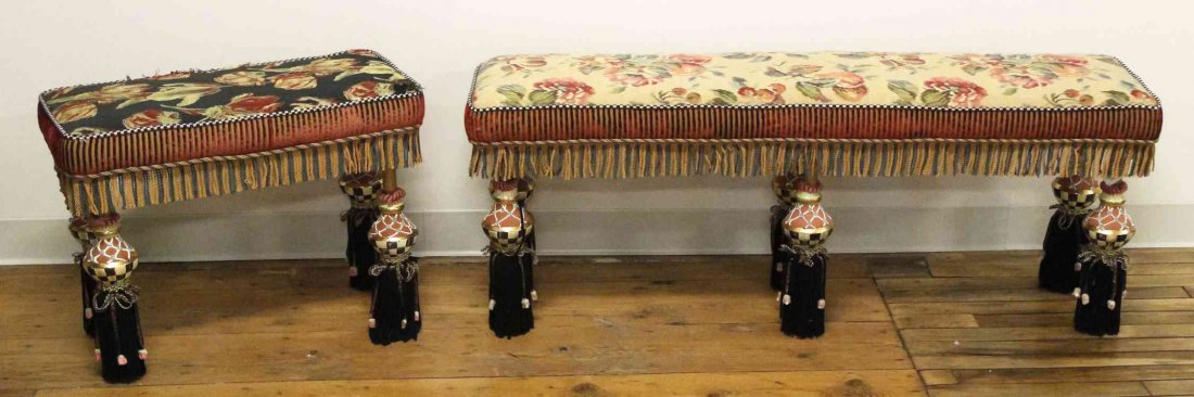 A Mackenzie Childs Upholstered Bench, Height 19 x width: A Mackenzie Childs Upholstered Bench, with accompanying stool, both with rectangular tops raised on gilt metal legs. Height 19 x width 48 x depth 13 1/2 inches. Property from the Estate of Louis M. an