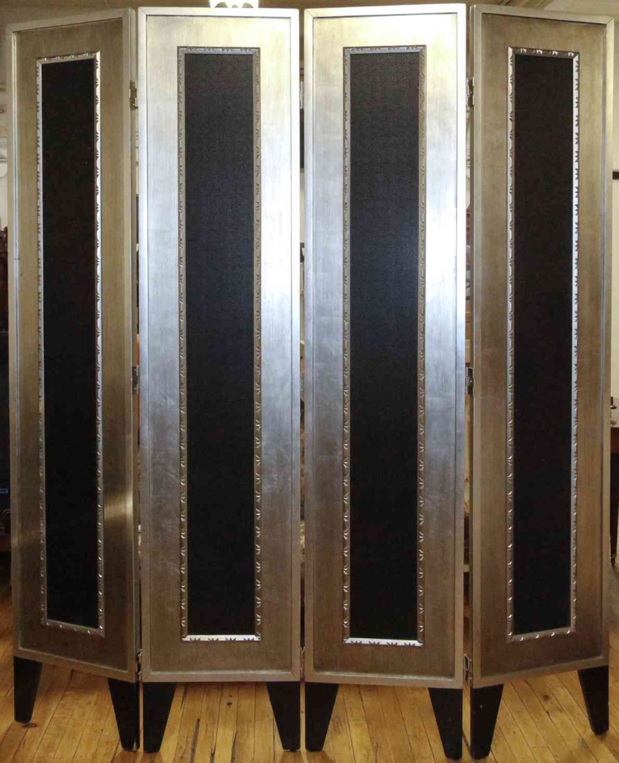 An Art Deco Style Silvered Wood Floor Screen with Faux: An Art Deco Style Silvered Wood Floor Screen with Faux Python. Height 85 inches. Property from the Estate of Louis M. and Linda M. Byron, Tucson, Arizona