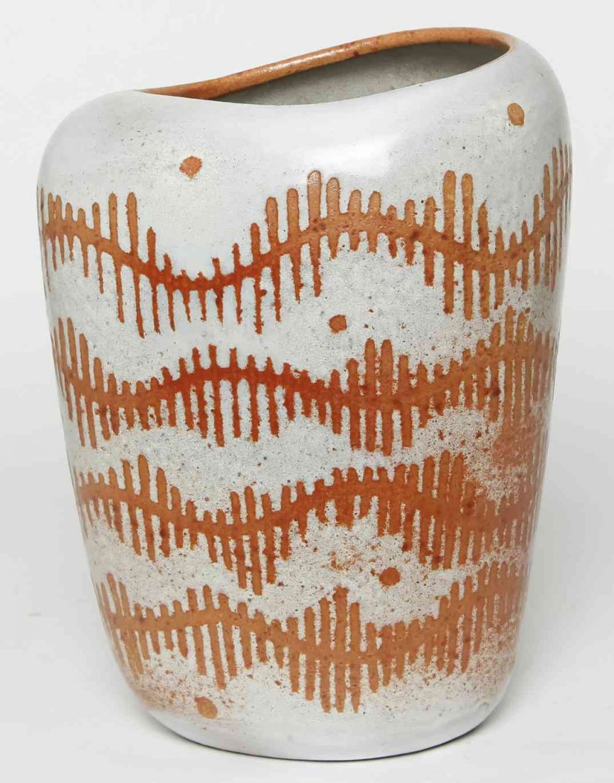 A Design Technics Vase, Height 10 1/4 inches.: A Design Technics Vase, of tapering ovoid form, having orange line decoration throughout. Height 10 1/4 inches.