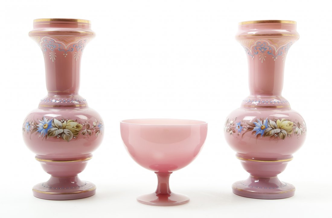 Three Pink Opaline Glass Articles, Height of vase 11: Three Pink Opaline Glass Articles, comprising two vases with polychrome floral decoration and a goblet. Height of vase 11 3/8 inches.