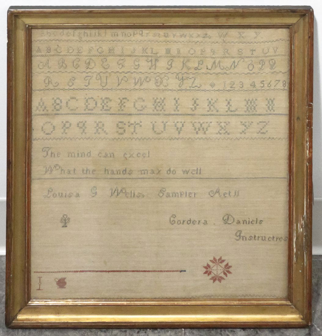 An American Needlework Sampler, Louisa G. Wells, Height: An American Needlework Sampler, Louisa G. Wells, set in a giltwood frame. Height 18 1/8 x width 17 3/8 inches (overall).