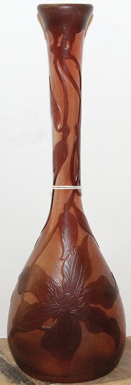 A Galle Style Fire-Polished Cameo Glass Vase, Height 10: A Galle Style Fire-Polished Cameo Glass Vase, of bottle form, signed in cameo. Height 10 1/2 inches. Property from the Estate of Louis M. and Linda M. Byron, Tucson, Arizona