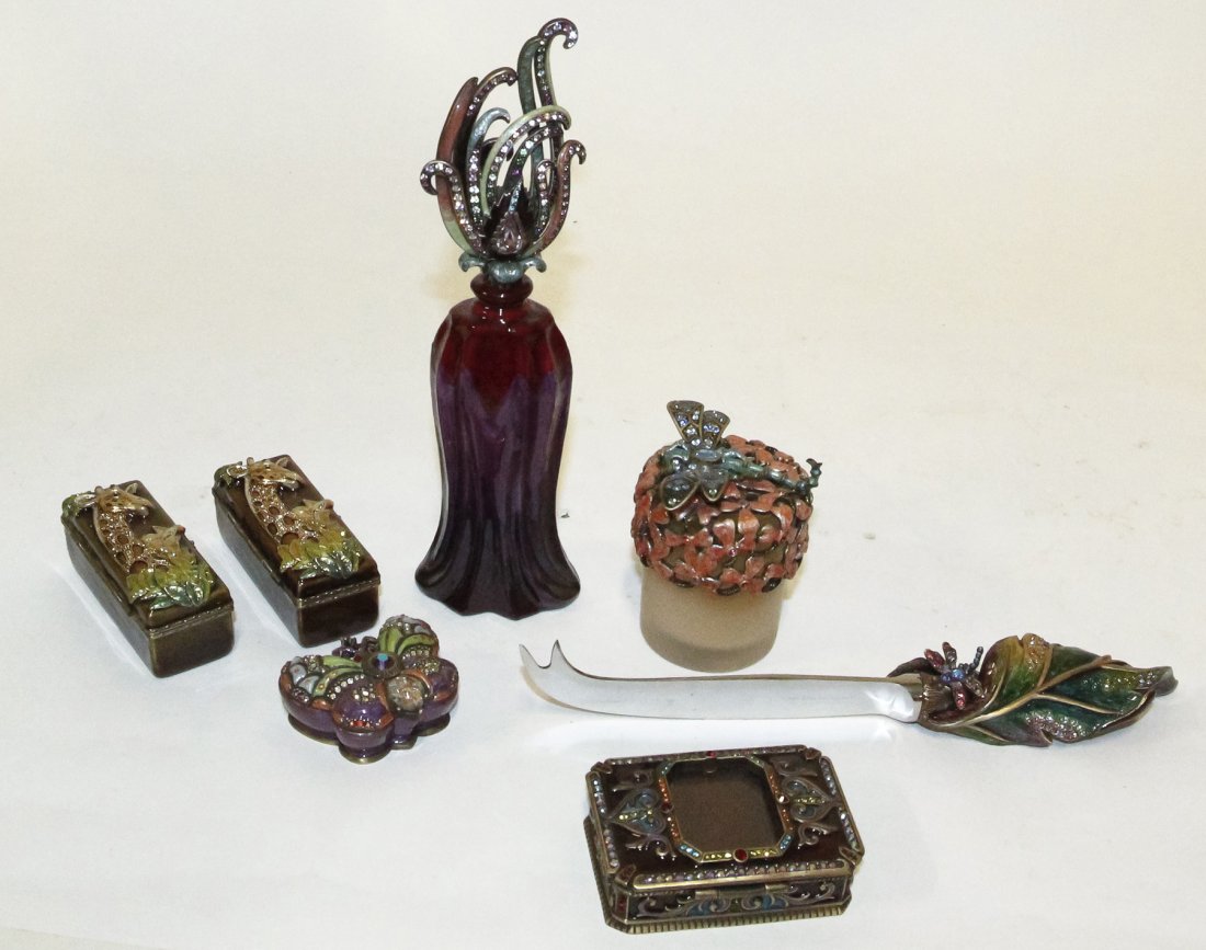 A Collection of Jay Strongwater Items, Length of knife: A Collection of Jay Strongwater Items, comprising four boxes, a perfume bottle, a candle holder and a presentation knife. Length of knife 5 inches. Property from the Estate of Louis M. and Linda M. By