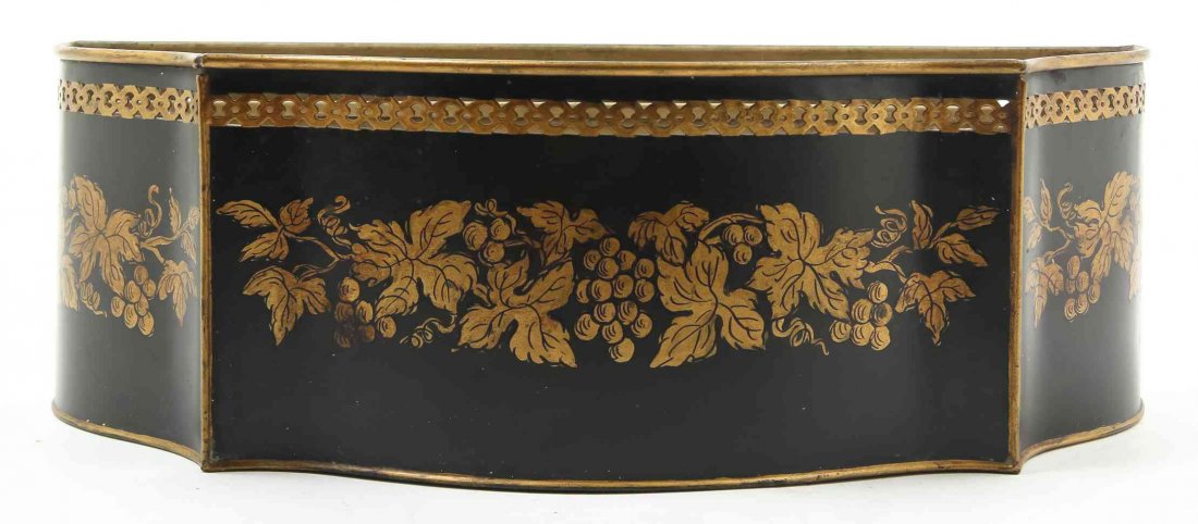 A Tole Jardiniere, Width 13 1/2 inches.: A Tole Jardiniere, of cartouche form having a band of gilt grapevine decoration. Width 13 1/2 inches. Property from the Collection of Marion P. Church, Chicago, Illinois