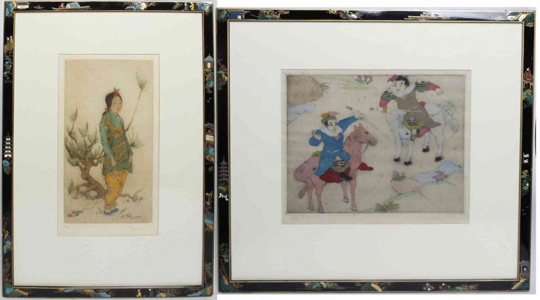 Five Chinese Style Handcolored Etchings, Elyse Ashe: Five Chinese Style Handcolored Etchings, Elyse Ashe Lord (British, 1900-1971), (British, 1900-1971) one marked as trial proof lower left, the others with edition numbers, all signed in pencil, framed.