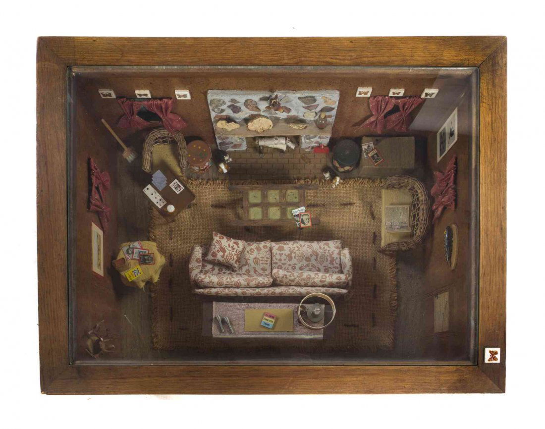 An American Diorama, Height 21 1/2 x width 25 x depth: An American Diorama, depicting a hunting lodge set as a low table. Height 21 1/2 x width 25 x depth 19 1/4 inches.