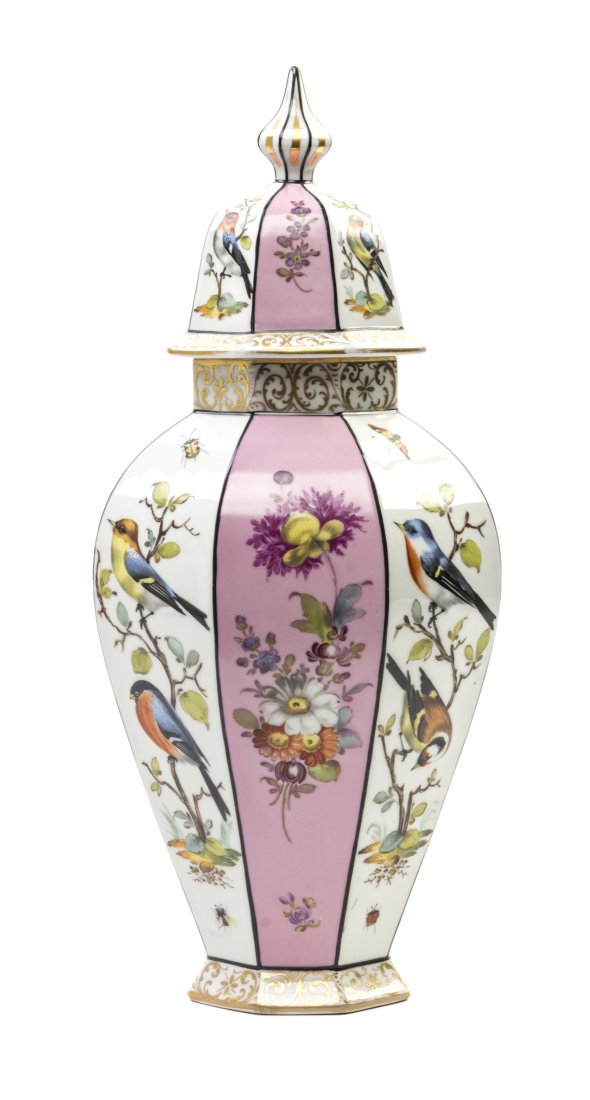 A Dresden Porcelain Vase, Height 15 1/2 inches.: A Dresden Porcelain Vase, of octagonal baluster form, decorated with birds, flowers and insects. Height 15 1/2 inches. Property from the Collection of John Heiner, Naperville, Illinois
