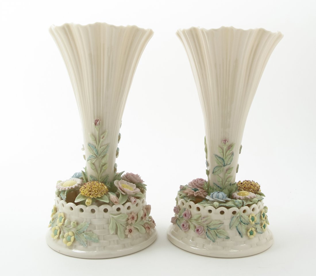 A Pair of Belleek Trumpet Vases, Height 11 1/2 inches.: A Pair of Belleek Trumpet Vases, 1965-present, each with a basket base and applied flowers, having sixth Belleek green mark to base. Height 11 1/2 inches. Property from a Midwest Family Collection