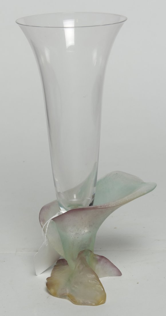 A Daum Frosted Glass Vase, Height 8 1/2 inches.: A Daum Frosted Glass Vase, having a flared neck and rim raised on a floral form base. Height 8 1/2 inches.