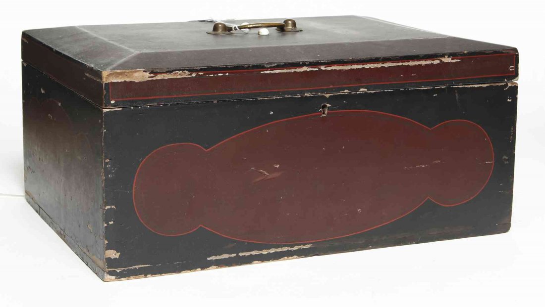 A Victorian Lacquered Stationary Box, Width 13 1/2: A Victorian Lacquered Stationary Box, having a rectangular hinged lid opening to a vacant interior. Width 13 1/2 inches.