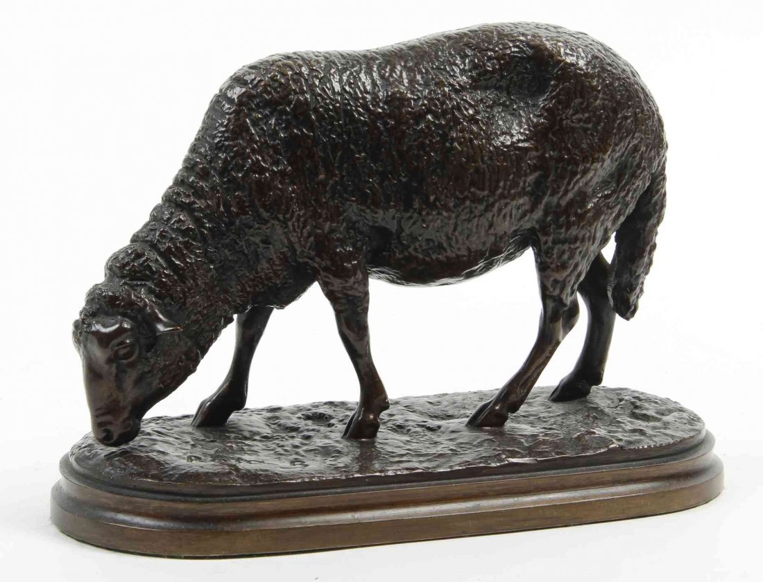 A French Animalier Bronze, after Rosa Bonheur: A French Animalier Bronze, after Rosa Bonheur (1822-1899), depicting a grazing sheep, raised on an oval naturalistic base, signed Rosa B. Width 8 1/2 inches.