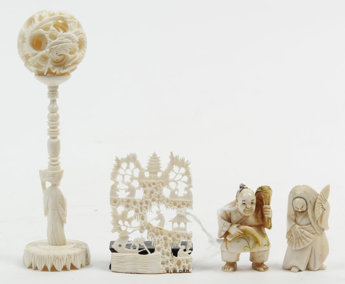Four Carved Ivory Articles, Height of tallest 6 1/4: Four Carved Ivory Articles, comprising two netsuke, a puzzle ball on stand and a depiction of a landscape. Height of tallest 6 1/4 inches.