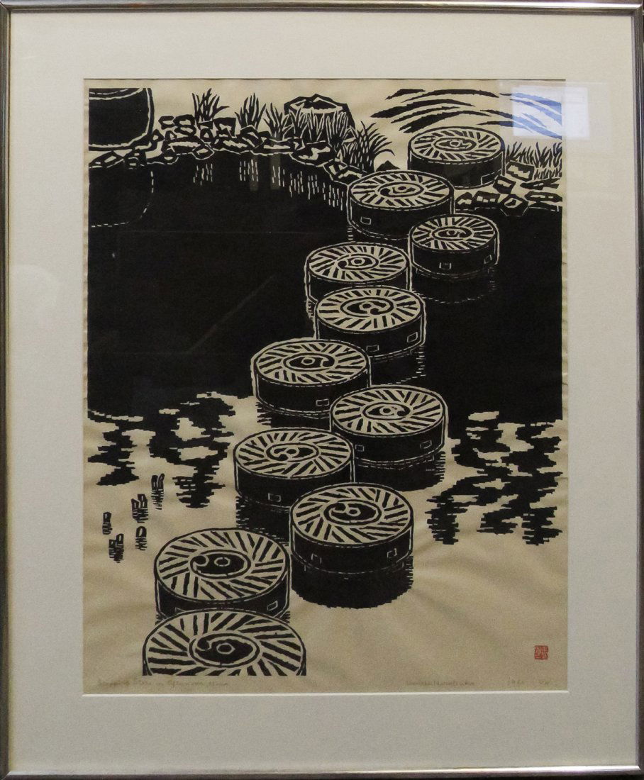 A Japanese Woodblock Print, Height 28 3/4 x width 22: A Japanese Woodblock Print, depicting stepping stones in a pond, bearing an artist seal to bottom right. Height 28 3/4 x width 22 1/4 inches. Property from the Estate of Dr. Robert H. Barter, Washingt