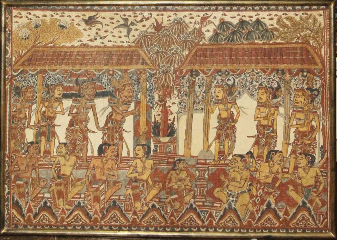 A Balinese Painted Panel, Height 32 3/4 x width 48 3/4: A Balinese Painted Panel, depicting costumed figures. Height 32 3/4 x width 48 3/4 inches.