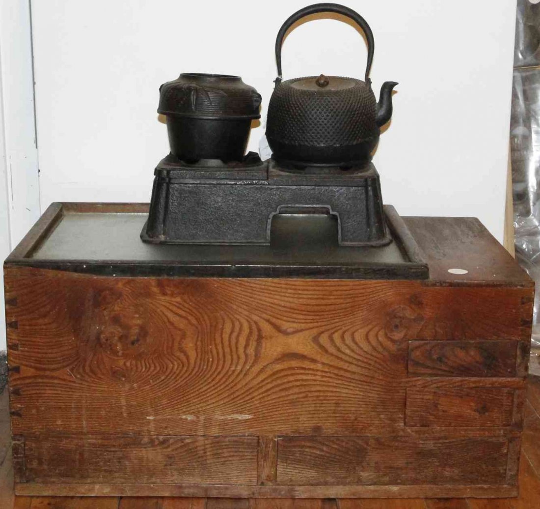 A Japanese Hibachi Stand, Width 26 1/8 inches.: A Japanese Hibachi Stand, with iron teapot. Width 26 1/8 inches.