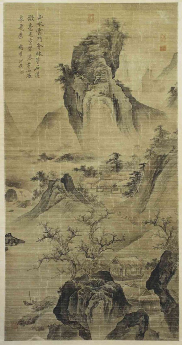 A Chinese Scroll Painting, Height 50 1/2 x width 25: A Chinese Scroll Painting, ink on silk, depicting a mountainous landscape with a house near the foreground, signed Zhao Fei (ac. Song Dynasty) and bearing multiple seals to the upper register. Height