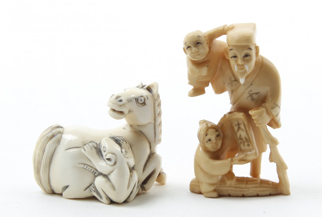Two Japanese Carved Ivory Netsuke, Height of taller 2: Two Japanese Carved Ivory Netsuke, the first depicting a horse and rat, the second a figural composition. Height of taller 2 inches.