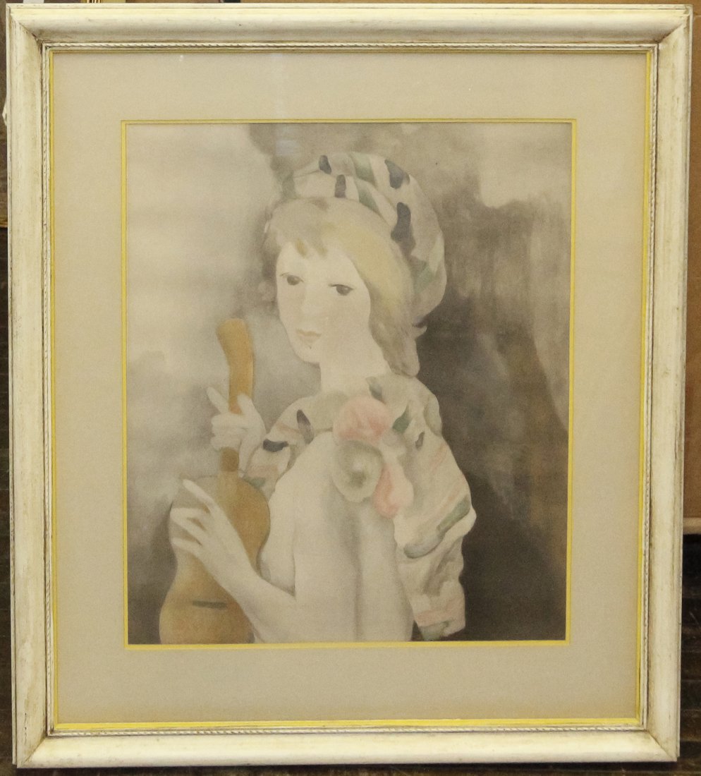 Marie Laurencin, (French, 1885-1956), Girl With Guitar: Marie Laurencin (French, 1885-1956) Girl With Guitar handcolored etching 21 1/2 x 17 3/4 inches. Provenance: Marshall Field Galleries, Chicago, Illinois Arthur Ackermann and Son, Inc., Chiago, Il