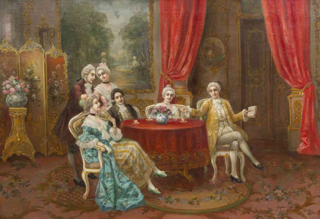 August Stephan Sedlacek, (French/Czech, 1868-1936),: August Stephan Sedlacek (French/Czech, 1868-1936) Parlor Scene oil signed Stephan Sedlacek (lower right) 35 1/2 x 25 inches. Property from the Collection of Ed and Dolores Herrmann, K