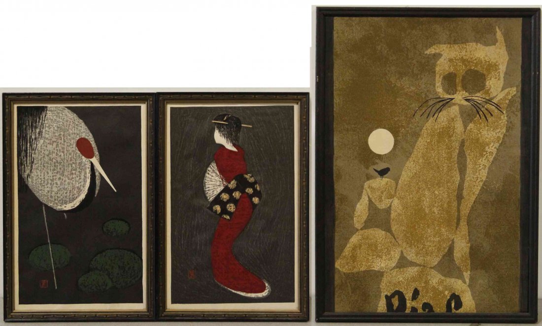 Kaoru Kawano, (Japanese, 1916-1965), Stork with Lily: Kaoru Kawano (Japanese, 1916-1965) Stork with Lily Pad and Geisha, (two works), together with another woodblock signed with artist's seal (lower left) 14 3/4 x 9 inches.